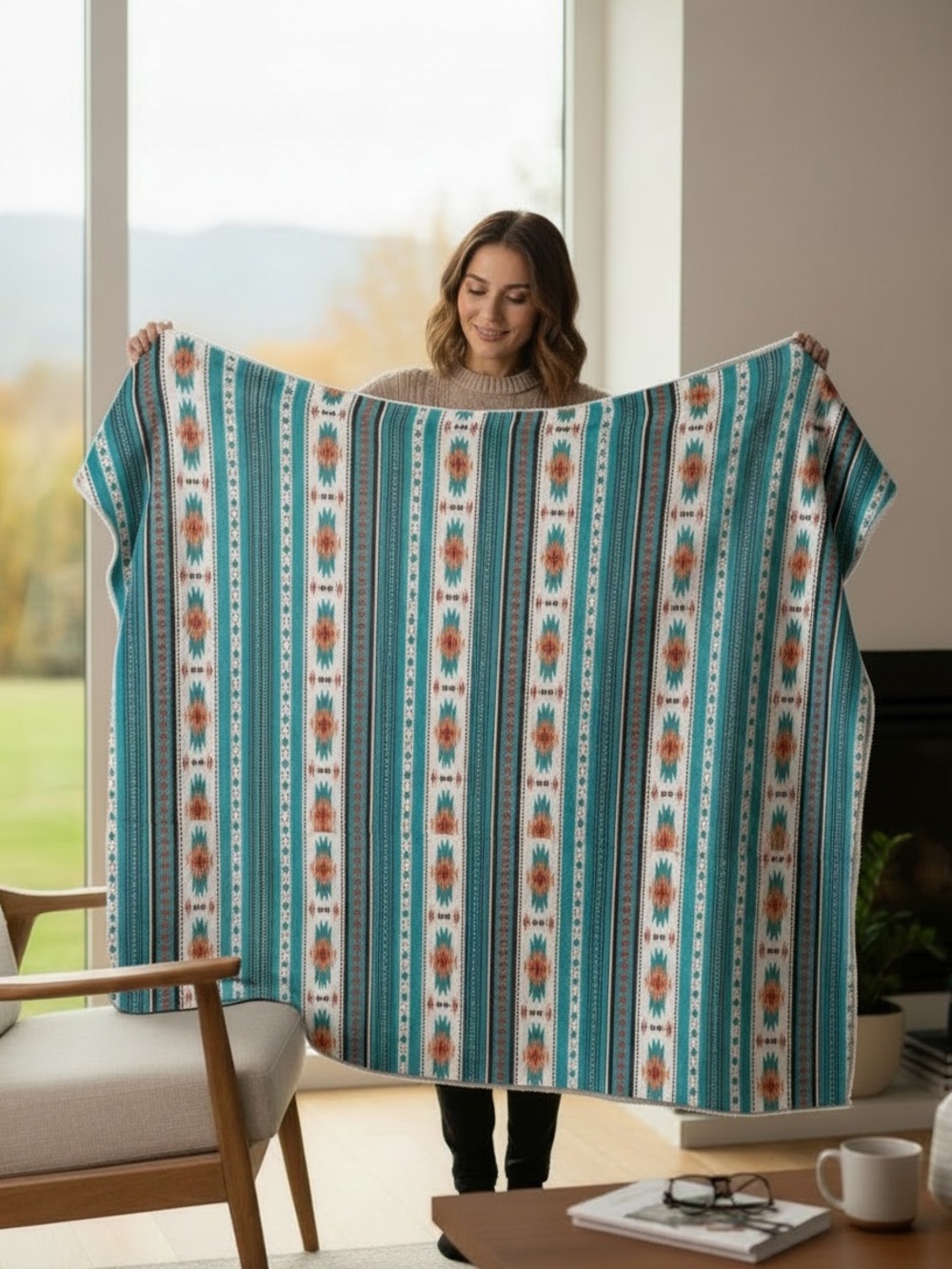 Teal Turquoise Southwestern Stripe Aztec Tribal Throw Blanket - , Home Bedding